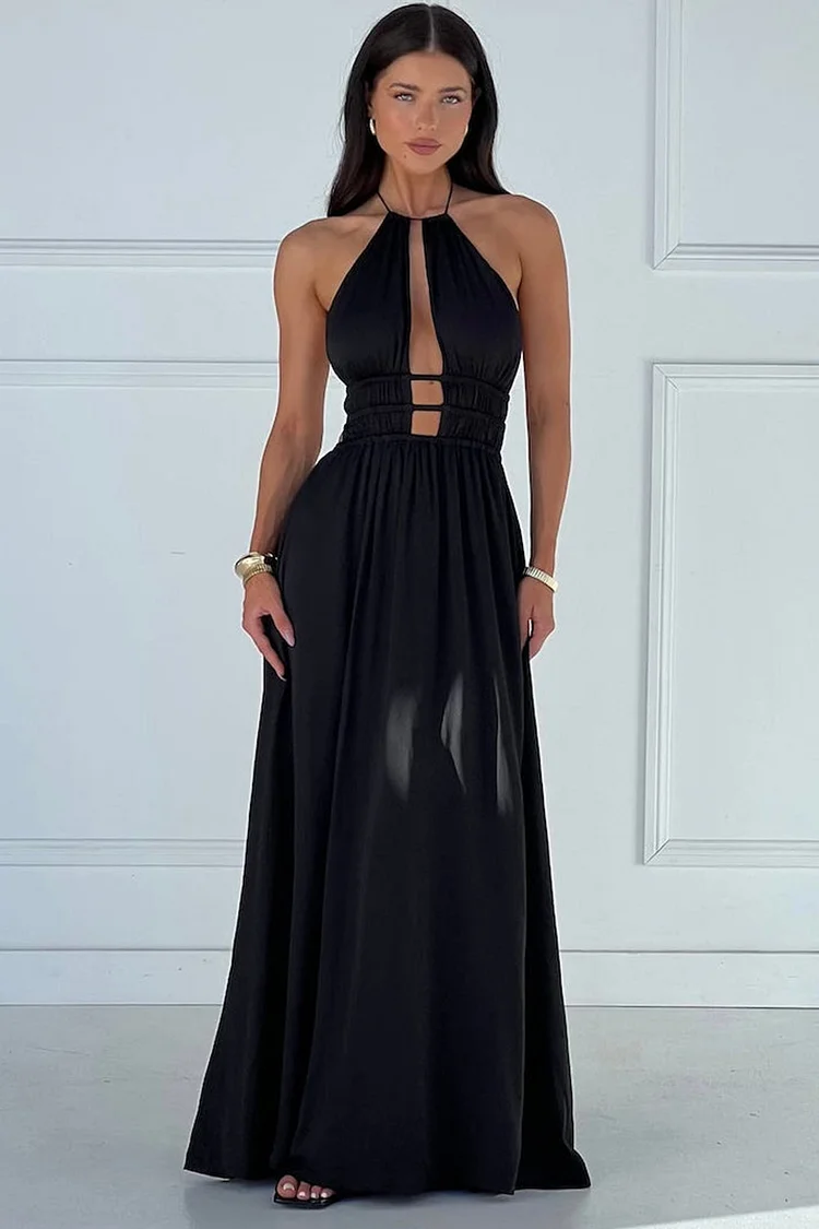 Backless Cutout Ruched Halter Cinch Waist Maxi Dresses-Black [Pre Order]