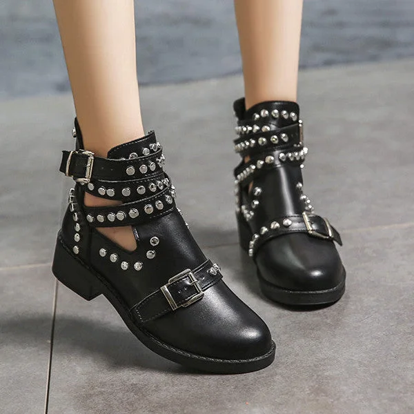 HUXM Studded Cut Out Buckle Strap Chunky Heel Boots