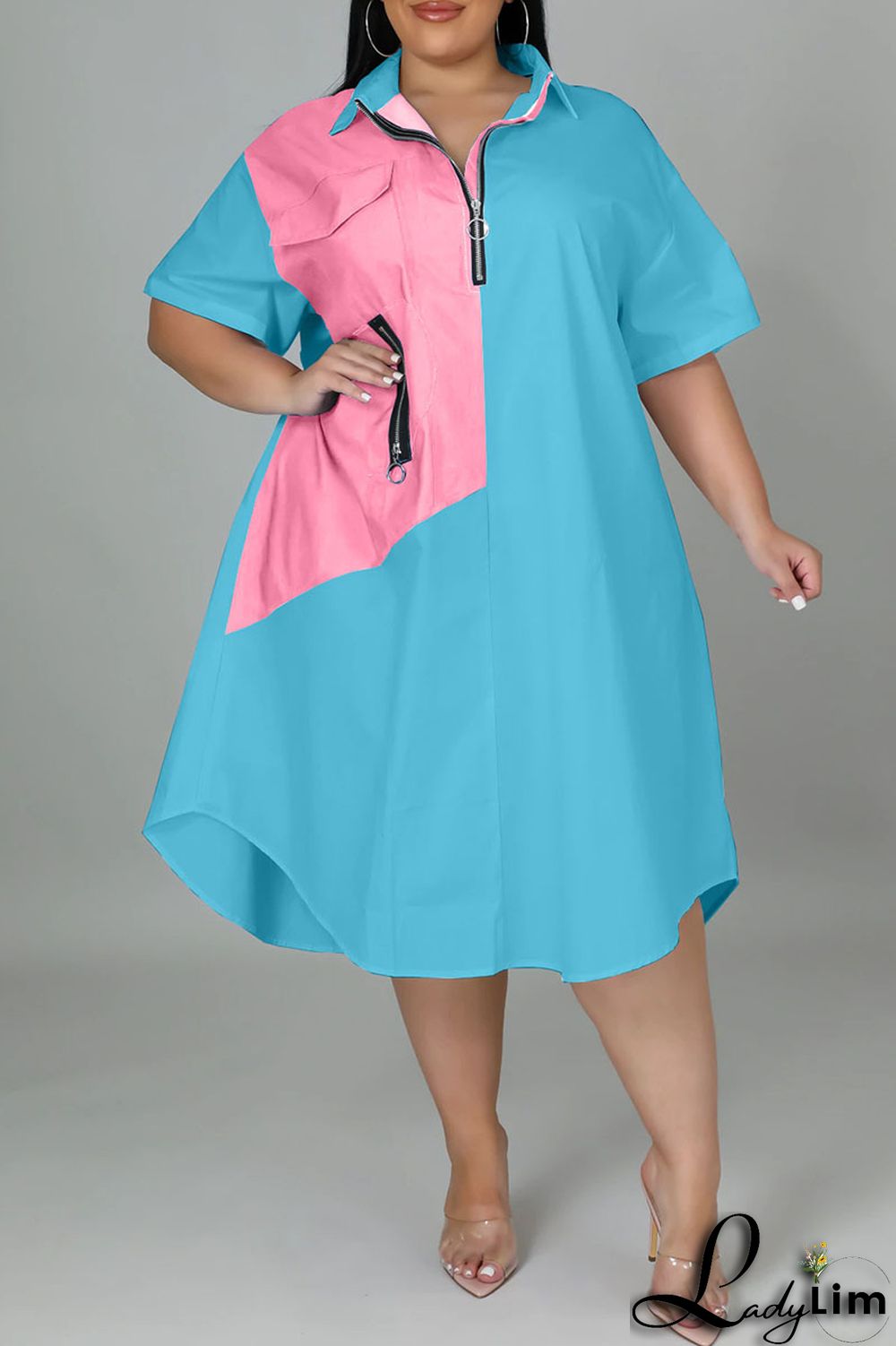 Light Blue Casual Solid Patchwork Zipper Collar Straight Plus Size Dresses