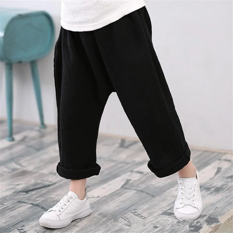 Kids Pants Boy Girl Summer Solid Color Linen Pleated Trousers Children Ankle-length Pants for Baby Boys Pants Casual Harem Pants