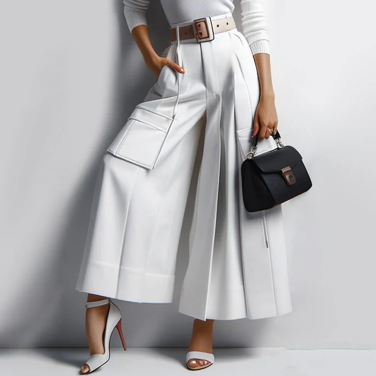 Fashion Solid High Rise Pocket Pleated Wide Leg Pants