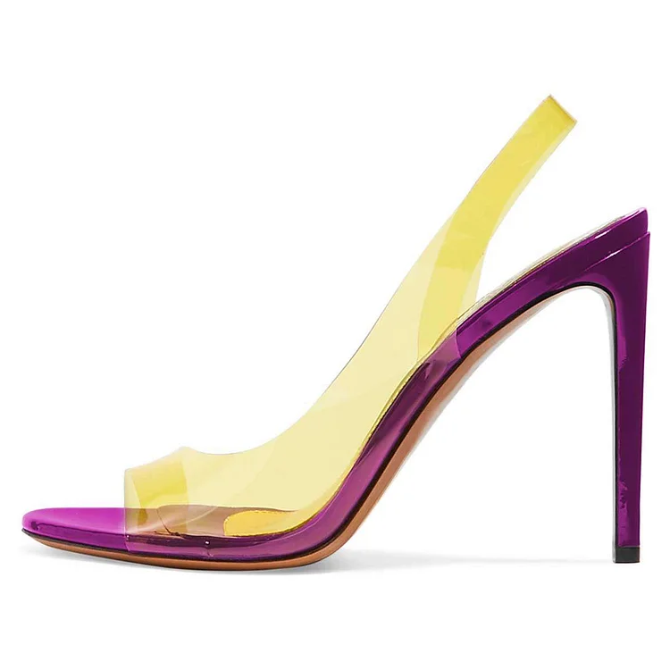 Yellow transparent PVC and Purple Slingback Heels Sandals |FSJ Shoes
