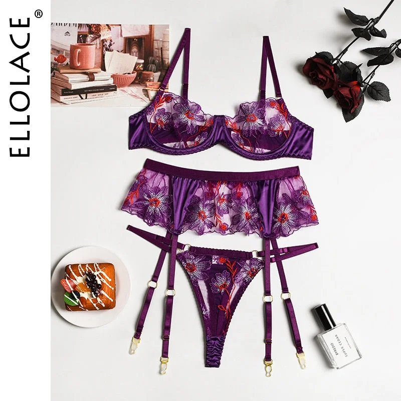 Ellolace Floral Lingerie Women's Underwear Fancy Transparent Bra Brief Set with Garters Embroidery Sexy Lace Erotic Intimate