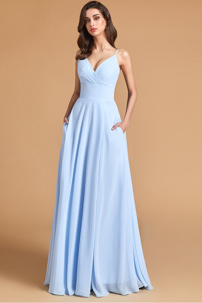 Oknass Spaghetti-Straps Modern V-Neck Split Cheap Bridesmaid Dresses With Pockets