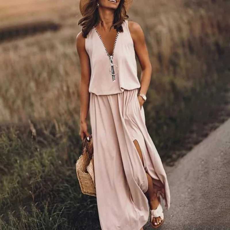 Casual Waist Solid Color Sleeveless Maxi Dress