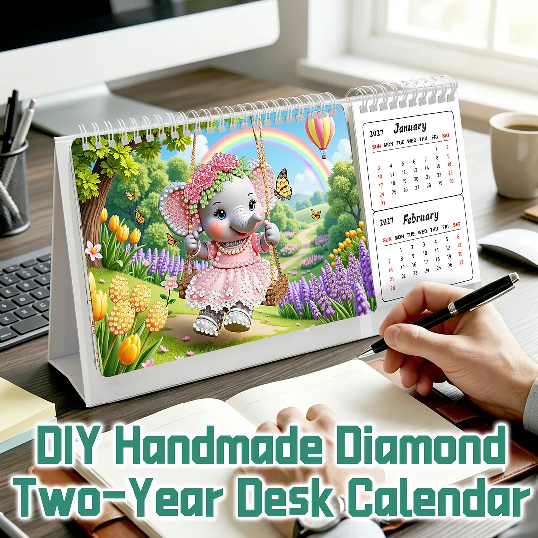 Elephant Diamond Art Monthly Flip Tabletop Calendar January 2027 - December 2028 Small Desktop Calendar Planner 24 Months for Living Room Bedroom Office Desk Gift Giving