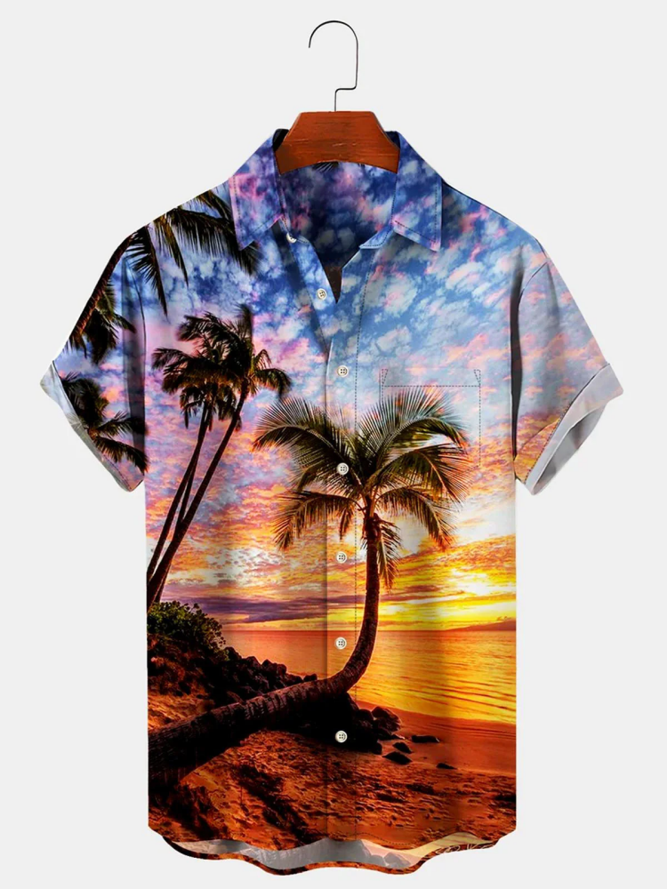 BrosWear Hawaiian Coconut Tree Beach Men's Shirts With Pocket