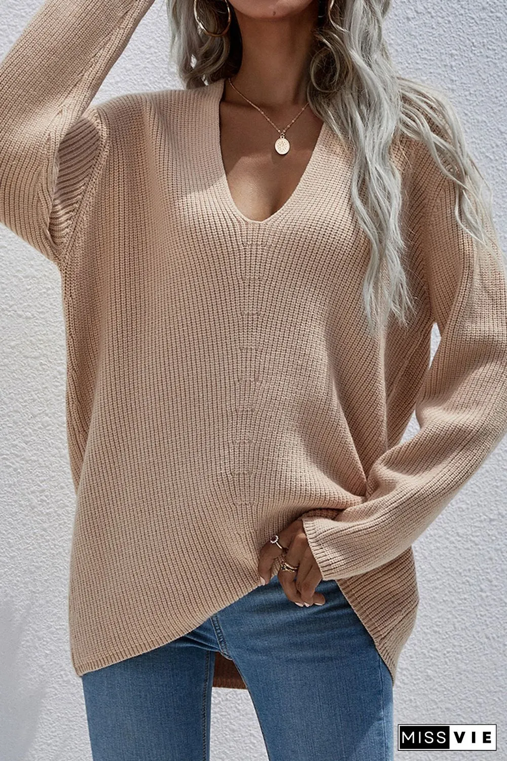 V-neck Long Sleeves Loose Solid Color Pullover Sweater Wholesale
