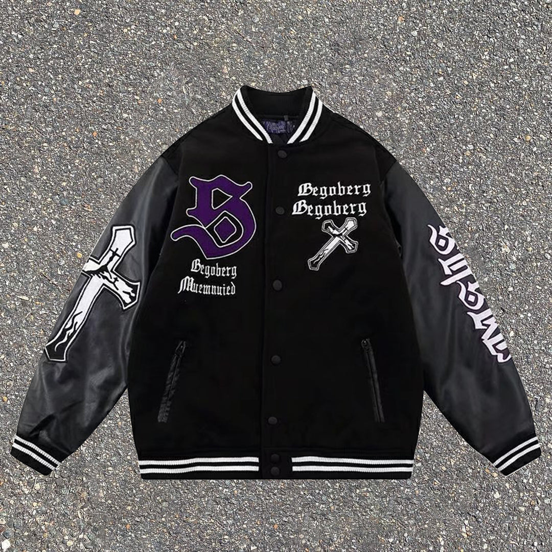 Embroidered paneled leather vintage baseball jacket