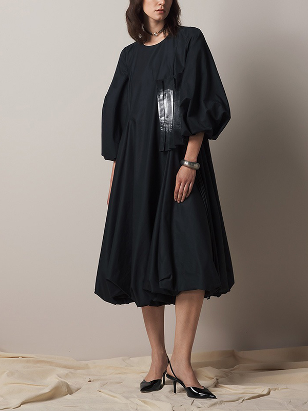 Puffy Sleeve Pleated Hem Midi Dress