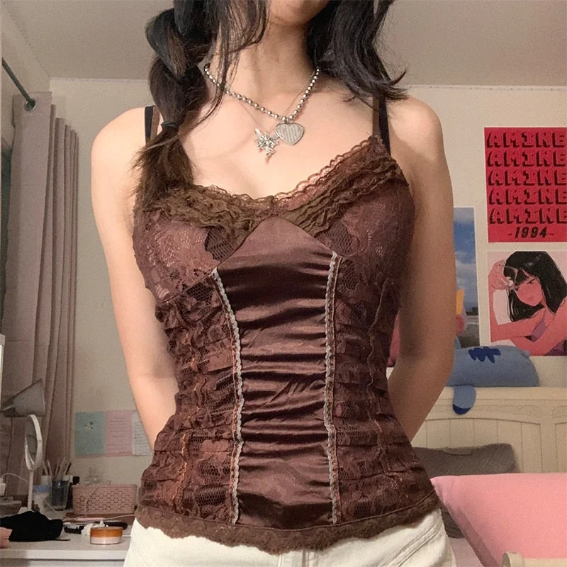 Rapcopter Y2K Brown Lace Crop Top Frill Satin Patched Mini Vest Backless V Neck Tank Tops Women Retro Sweet Cute Corset Sweats