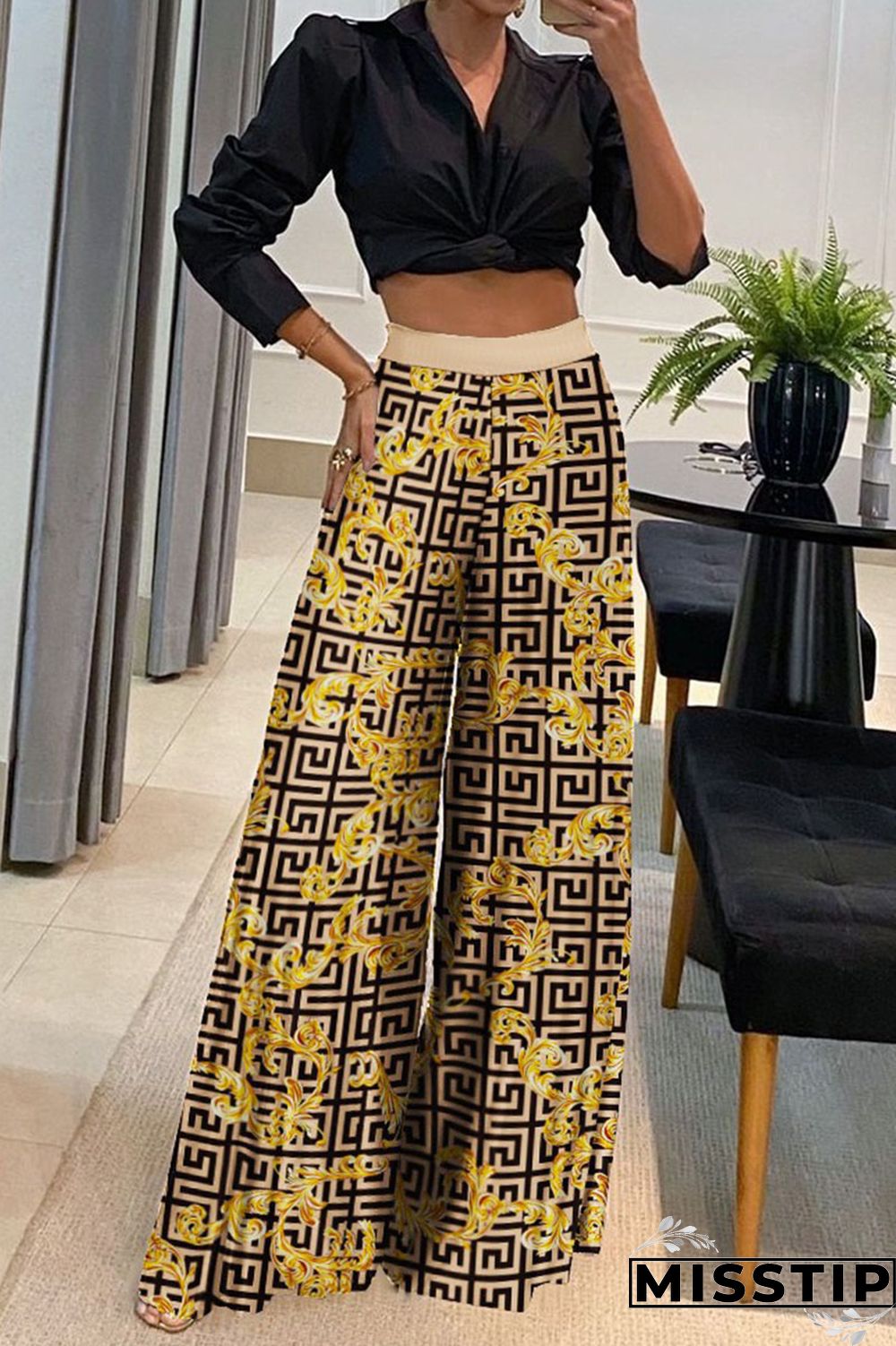 Khaki Casual Print Patchwork Turndown Collar Long Sleeve Two Pieces