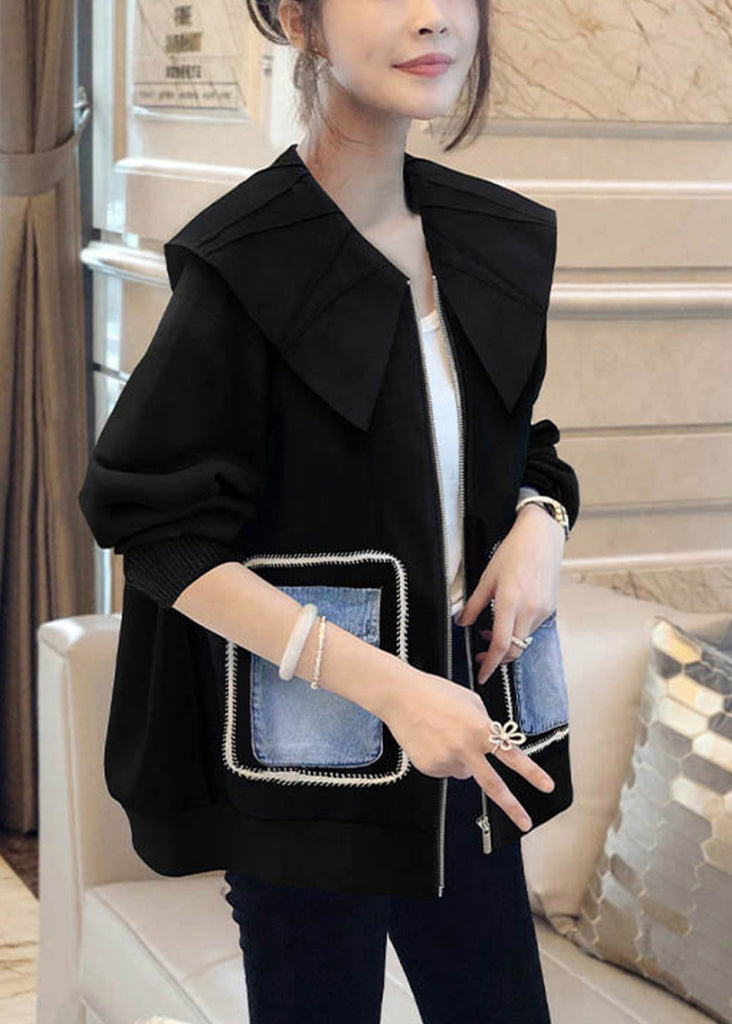 VCSHOES Loose Black Peter Pan Collar Zip Up Patchwork Cotton Coat Long Sleeve