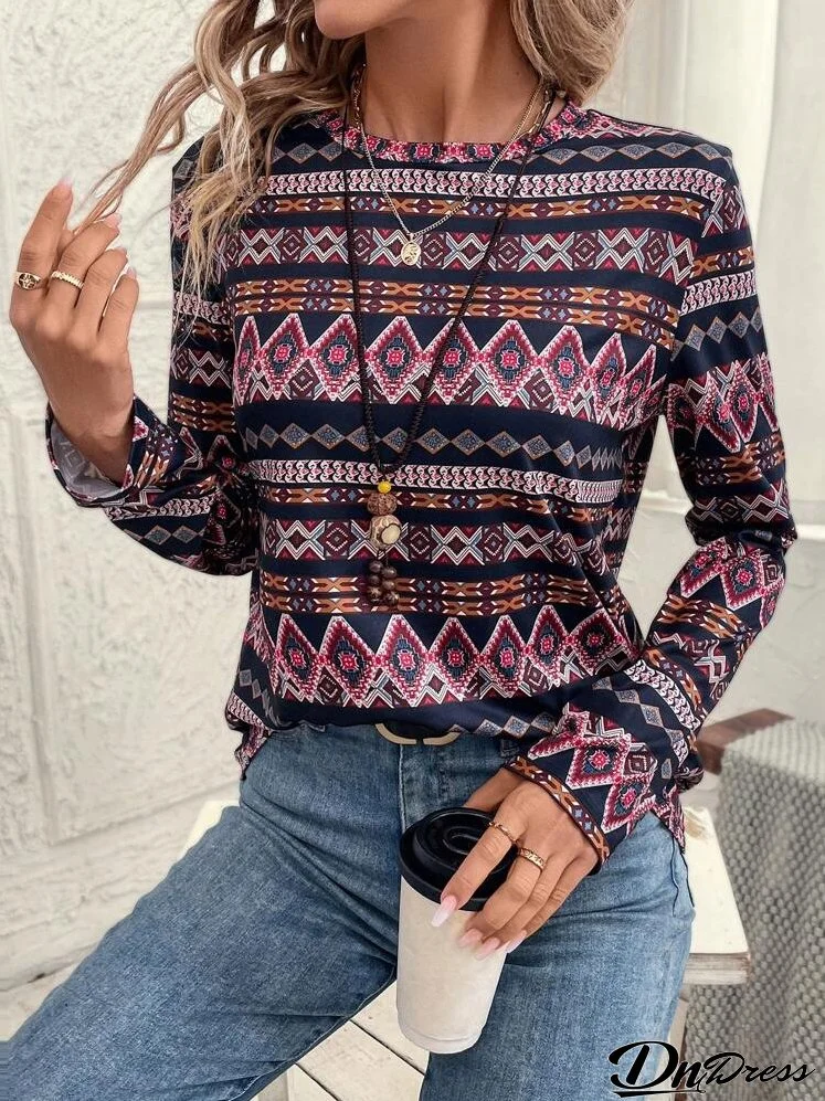 Women's Casual Vintage Round Neck Allover Print Long Sleeve T-Shirt, Suitable For Autumn