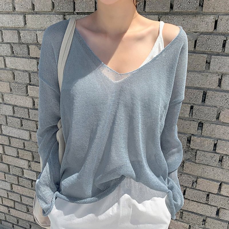Aachoae Women Casual V Neck Knitted Blouse Solid Loose Ladies Tops Batwing Sleeve See Through Sexy Shirt Female Roupas Feminina