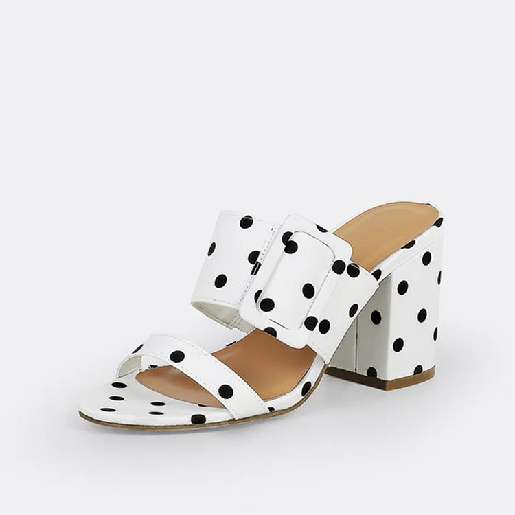White and Black Polka Dots Buckles Block Heel Mule Sandals |FSJ Shoes