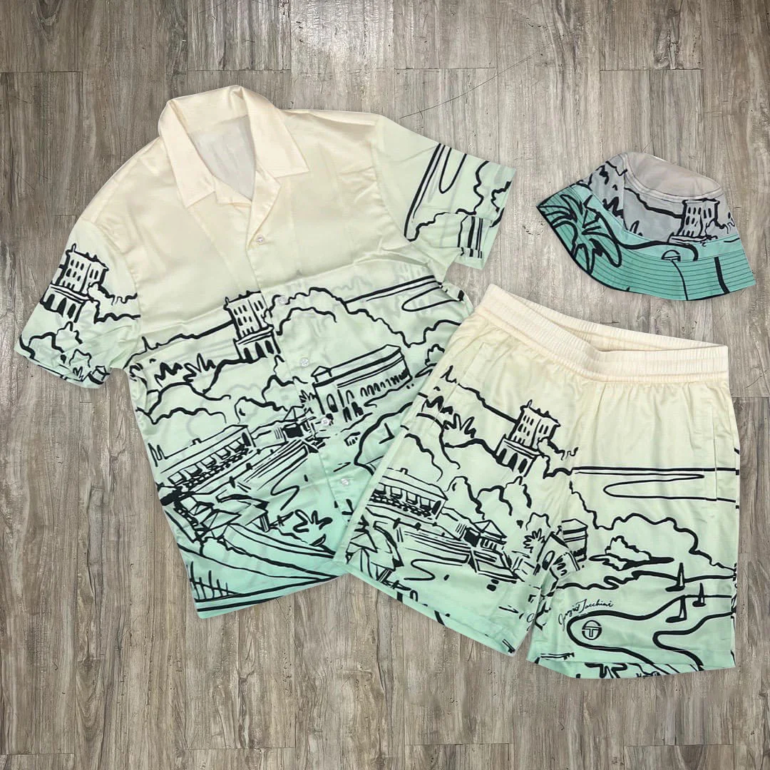 Loveciss®/ Leisure Vacation Gradient Color Printed Shirt And Shorts Co-Ord（No Hat）