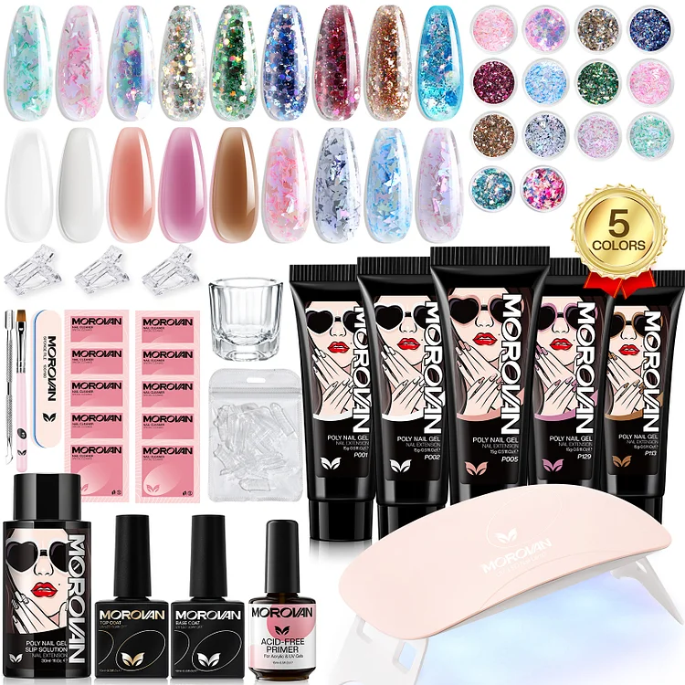 Morovan Poly Gel Nail Kit: with 5 Colors and UV Lamp Poly Gel Starter Kit With Slip Solution Base Coat and Top Coat Nail Extension Gel