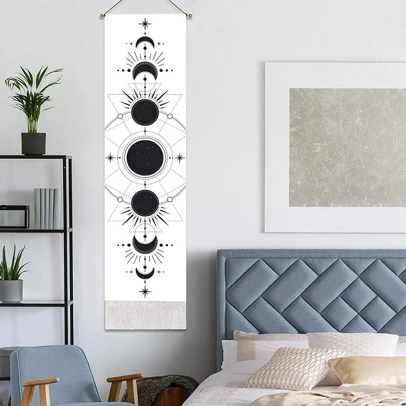 Rectangular Bohemia Wall Hanging Snake Tassel Tapestry Black Moon Wall Background Blanket Home Livingroom Office Wall Decoration