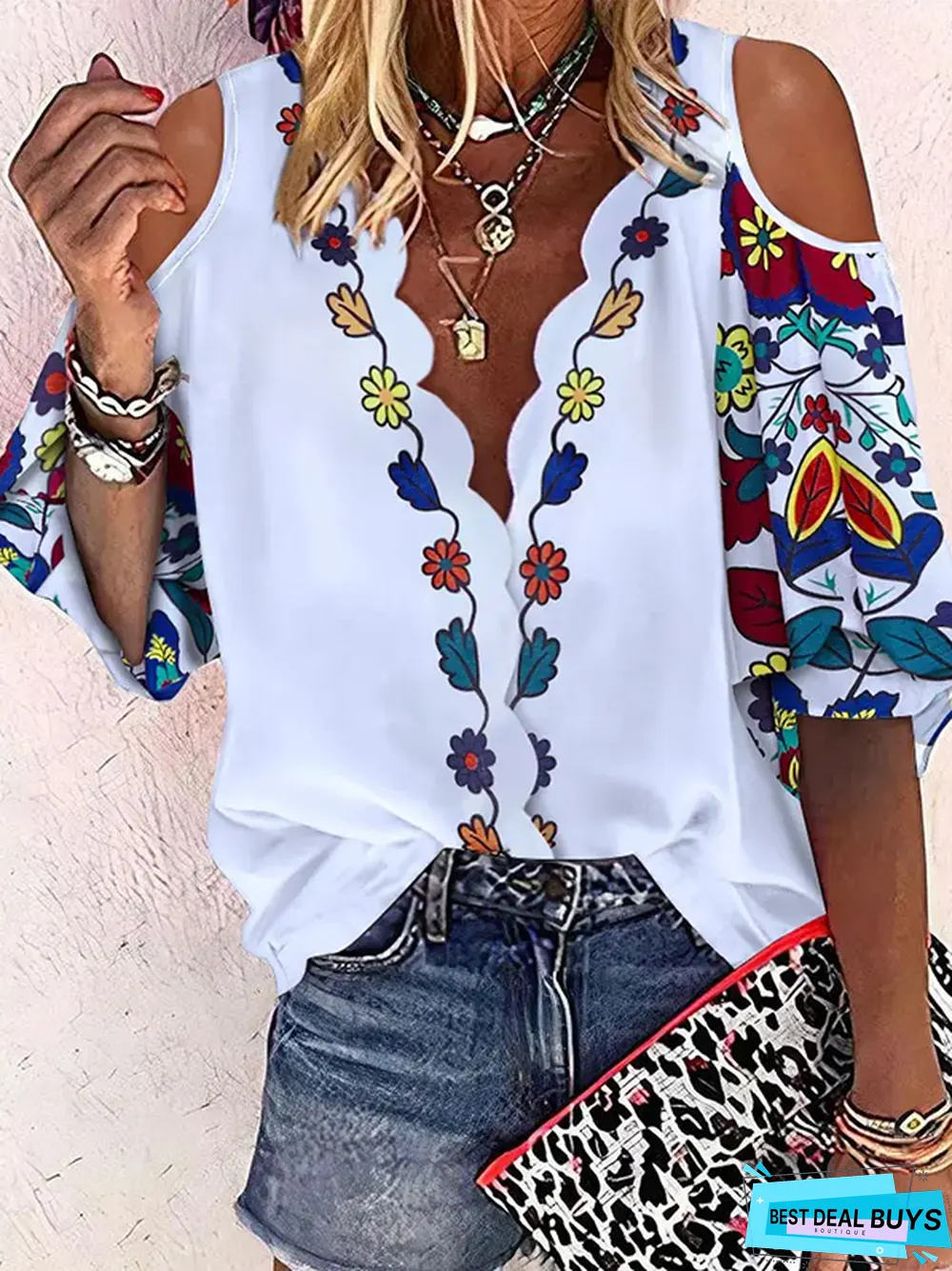 Half sleeve V Neck Floral Tops