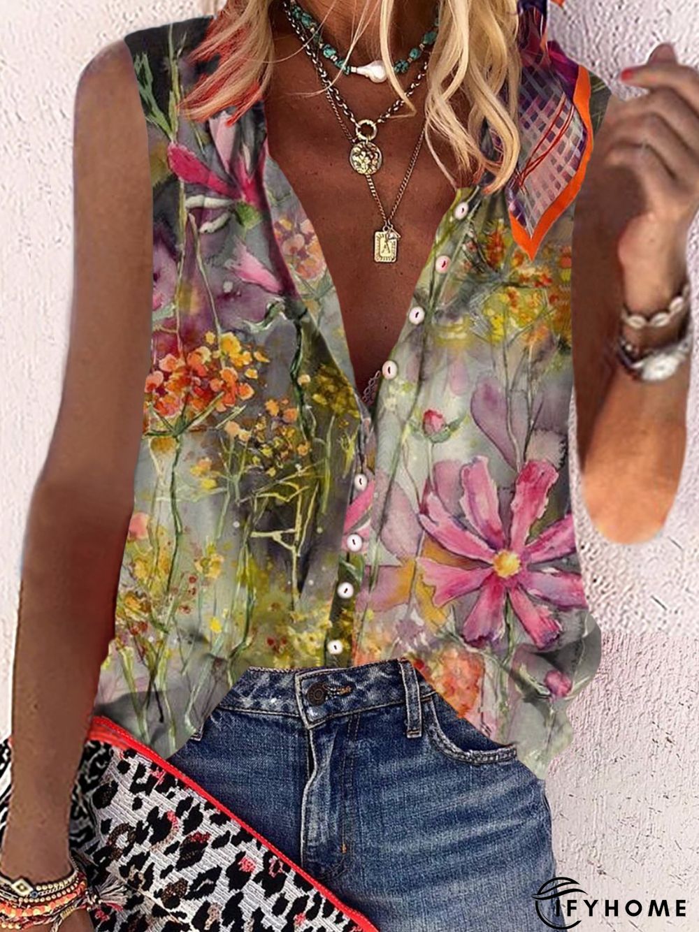Casual Floral Sleeveless Stand Collar Printed Blouse | IFYHOME