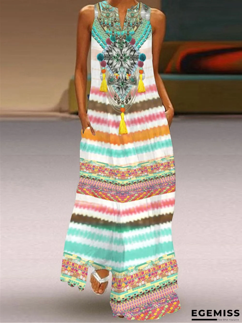 Digital Printed V-neck Sleeveless Dress Pocket | EGEMISS