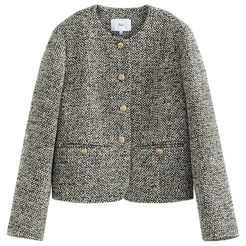 FANSIALEN Round Neck Collar Full Regular Sleeve Jacket Straight Single Breasted Short Coat Office Lady Green White Mixed Coats