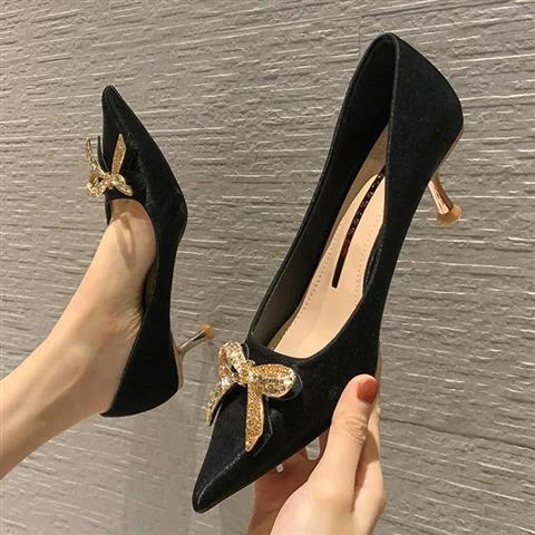 Qengg De Mujer Womes Heels Shoes Red Black Pumps Fashion Summer Ladies Dress Shoes Crystal Bow-knot Thin Heels Party Shoes