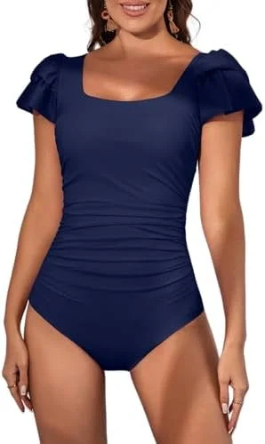 Ruffle Square Neck Tummy Control One Piece Swimsuit