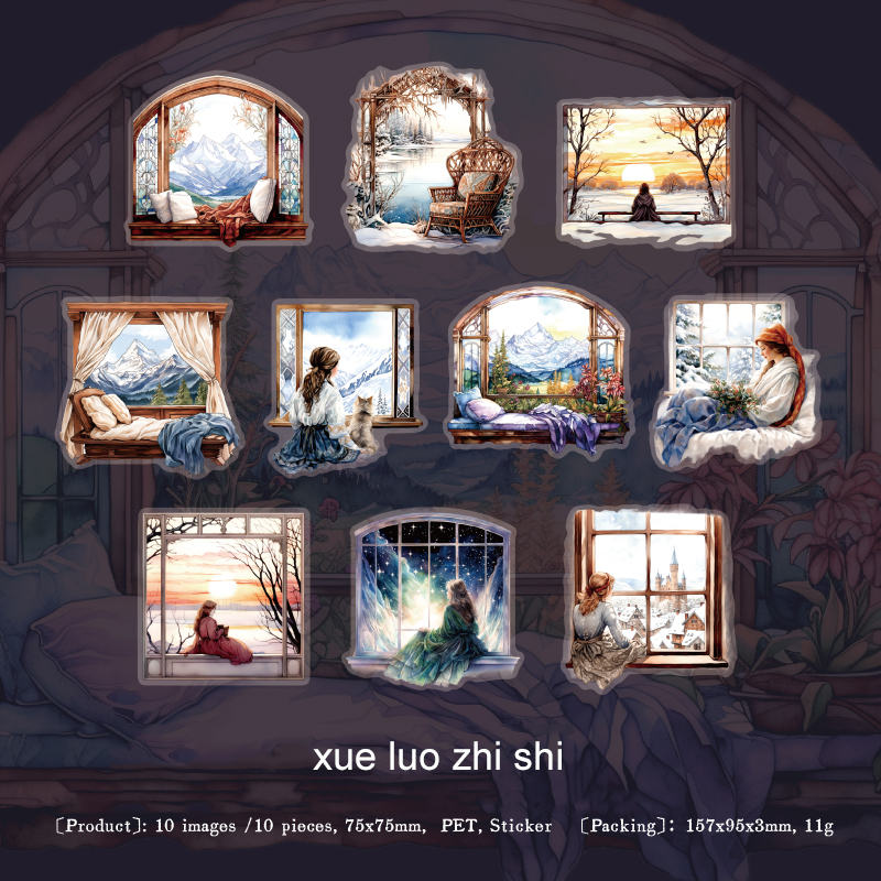 PET Sticker - Hiding Warmth Series Vintage Winter Window Scene Landscaping 
