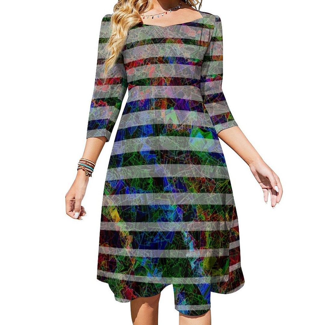 Weird Stripes And Scratched Small Squares In Lines Dress Sweetheart Tie Back Flared 3/4 Sleeve Midi Dresses