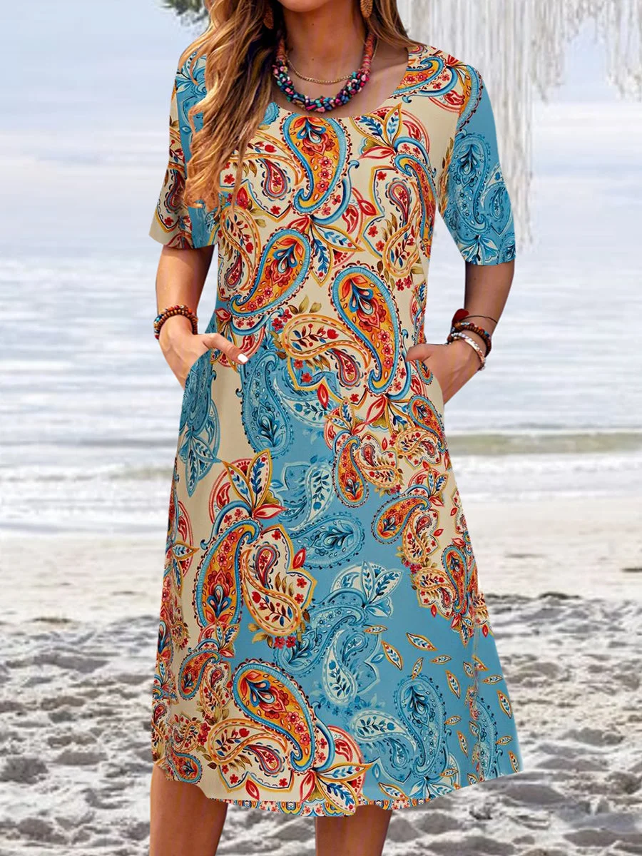 Women Casual Short Sleeve Scoop Neck Floral Printed Midi Dress