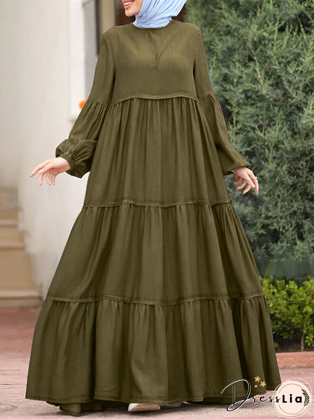 Muslim Solid Color Long Shirt Sundress Casual Pleated Maxi Dress