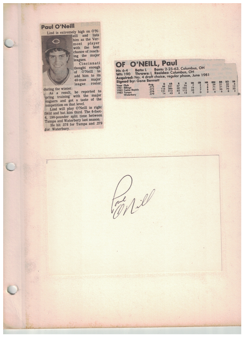 Paul O'Neill 1984 Vermont Reds Big Index Card Display Signed W/Our COA