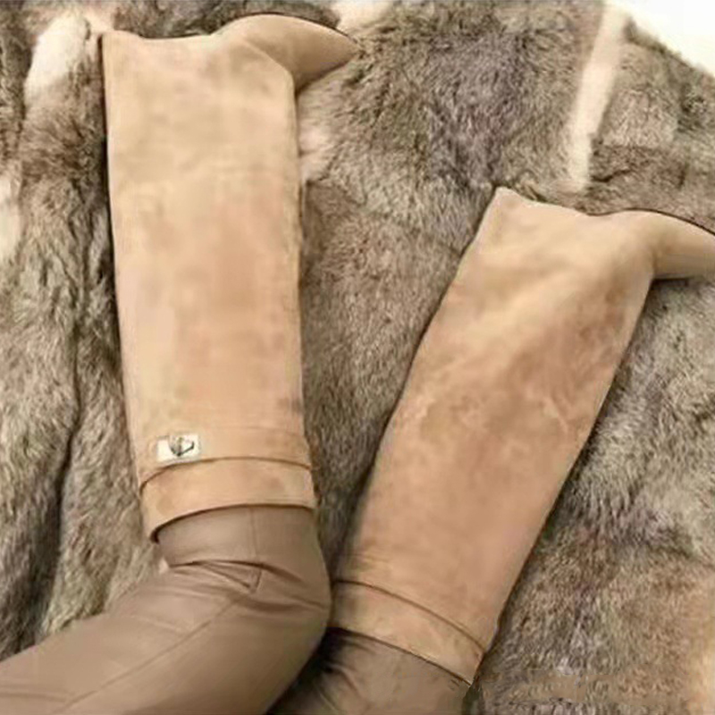 VCSHOES Metal Lock Women Boots Genuine Leather Wedge Heel Pointed Toe Knee High Boots Party Shoes Botas Mujer