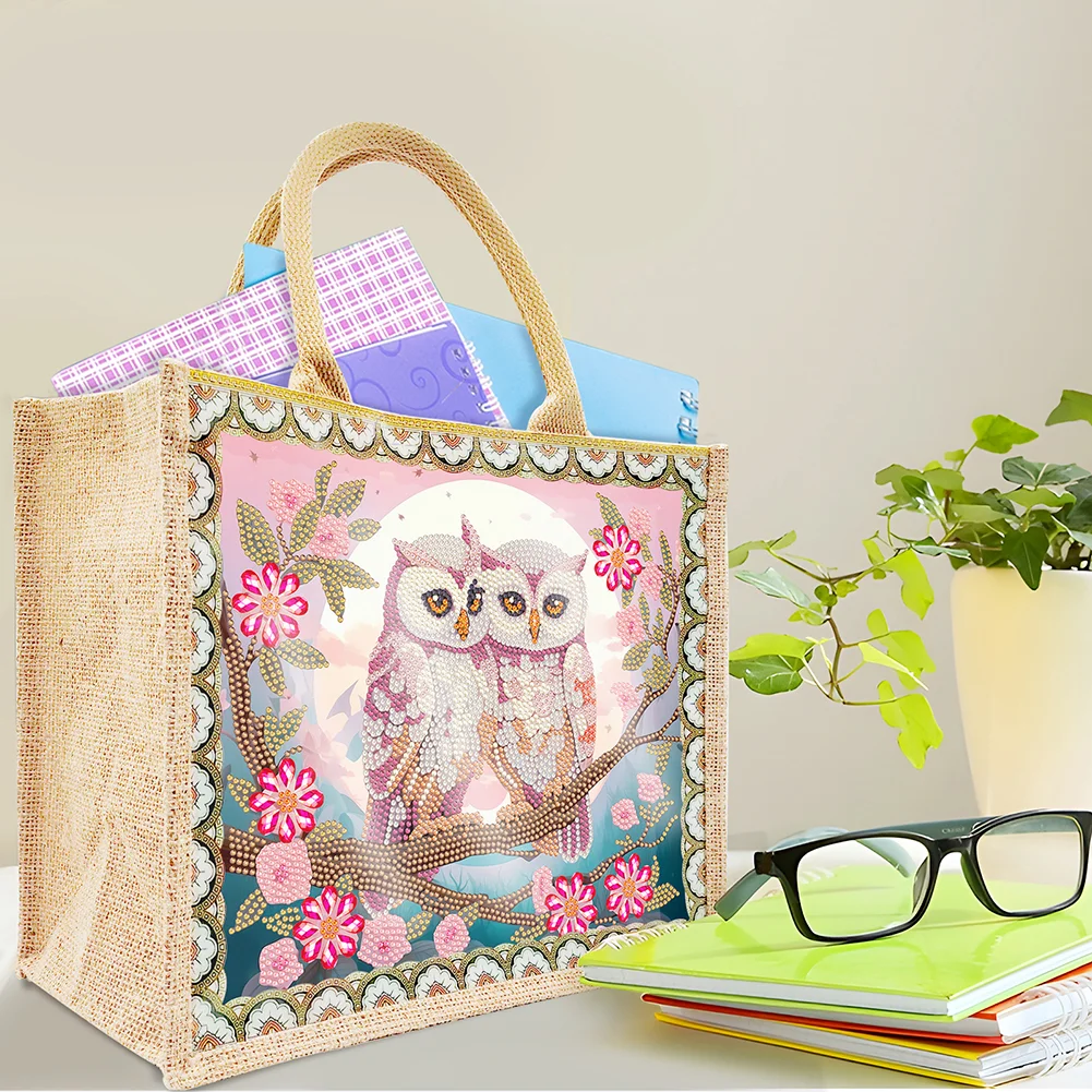 Linen Garden Owl Diamond Art Large Capacity Handbag Birthday Gift for Friends