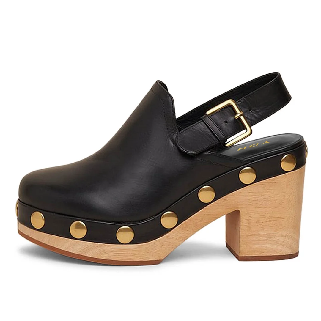 Classic Black Studded Round Toe Slingback Clog Heels with Platform