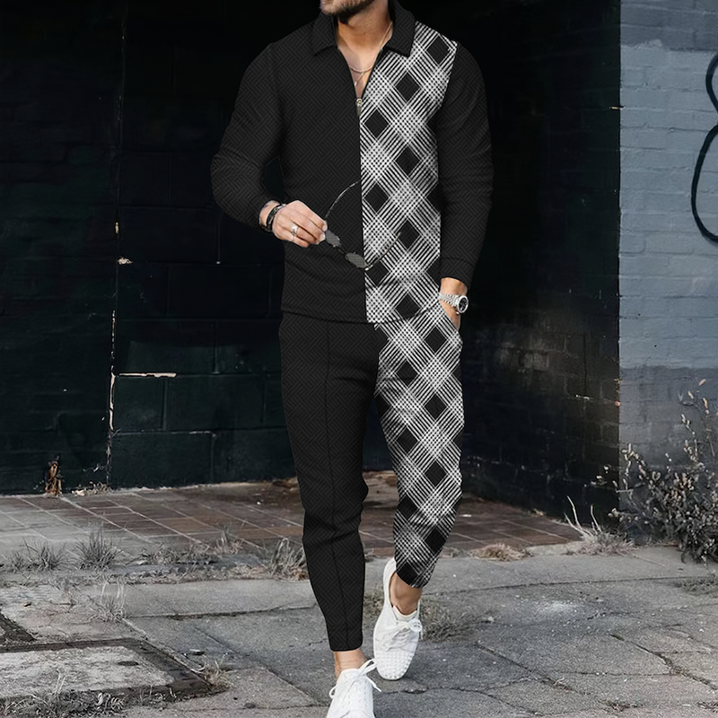 Men's Check Contrast Long Sleeve Polo Shirt And Pants  Two Piece Set
