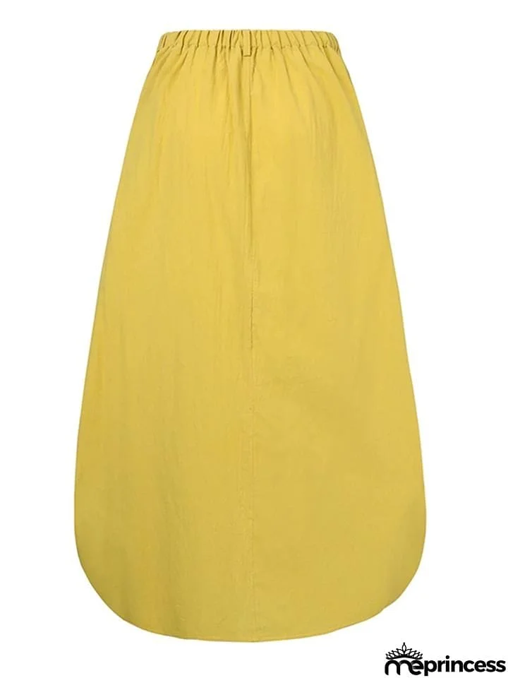 Retro Style Elastic Waist Button Zipper Pocket Flare Maxi Skirt