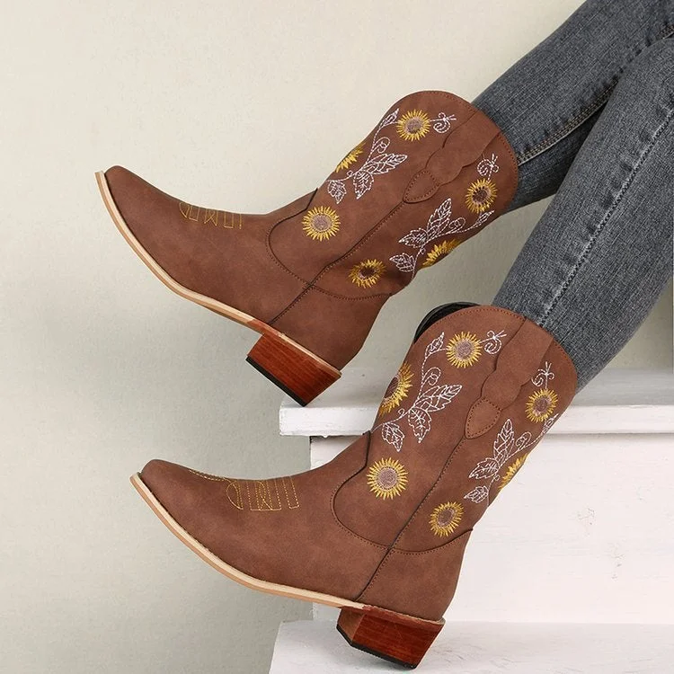 Women's Boots Sunflower Embroidery Rider Boots Cowboy Boots
