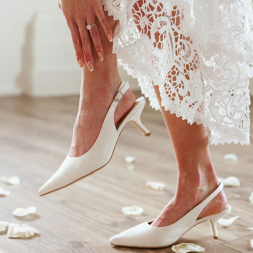 Classy White Lace Pointed Toe Slingback Wedding Heels for Bride