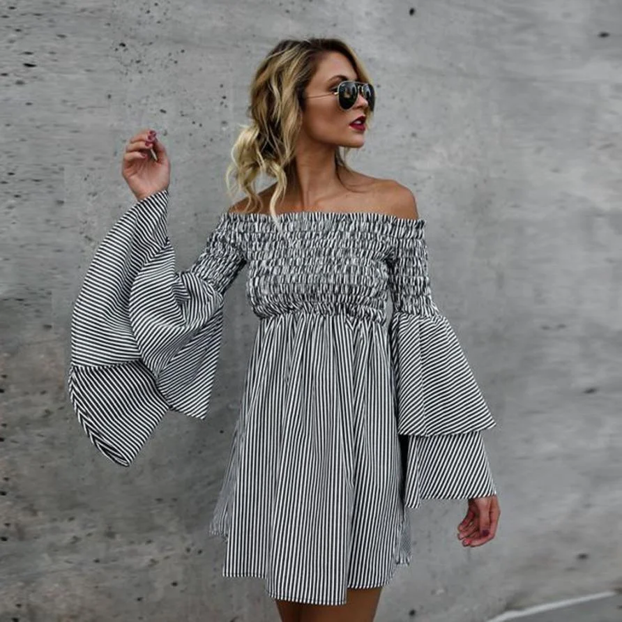 Women Bohemian Holiday Off Shoulder Stripe Party Ladies Casual Dress Long Sleeve