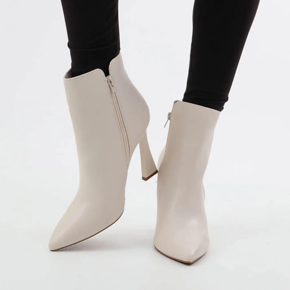 Chic Ivory Pointed Toe Chunky Heel Booties for Women with Zipper