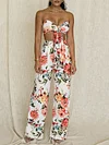 Floral Printed Lace-Up Vest Top+Wide Leg Pants Suits