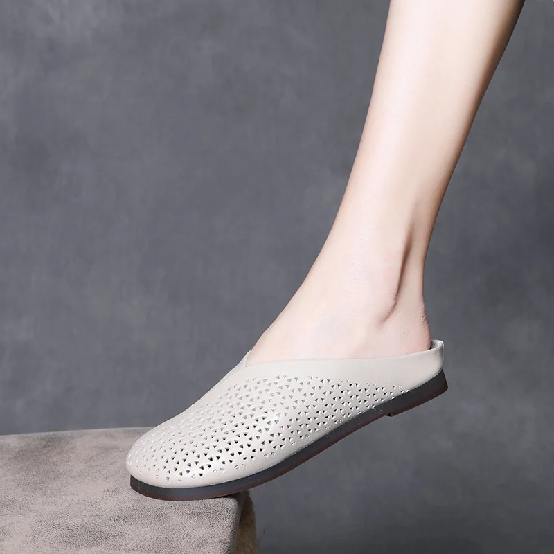 Yyvonne Layer Of Cow Skin Retro One Foot Soft-Soled Slippers Women 2025 Summer New Comfortable Outer Hollow Hole Shoes