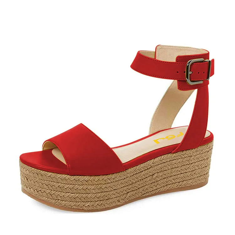 FSJ Red Platform Sandals Open Toe Ankle Strap Shoes US Size 3-15 |FSJ Shoes