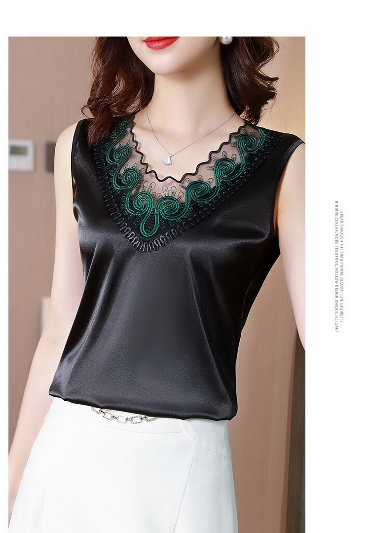 2021 Summer Patchwork Silk Sleeveless Shirt Women Elegant Lace V-Neck Casual Pullover Blouses Female Women Tops