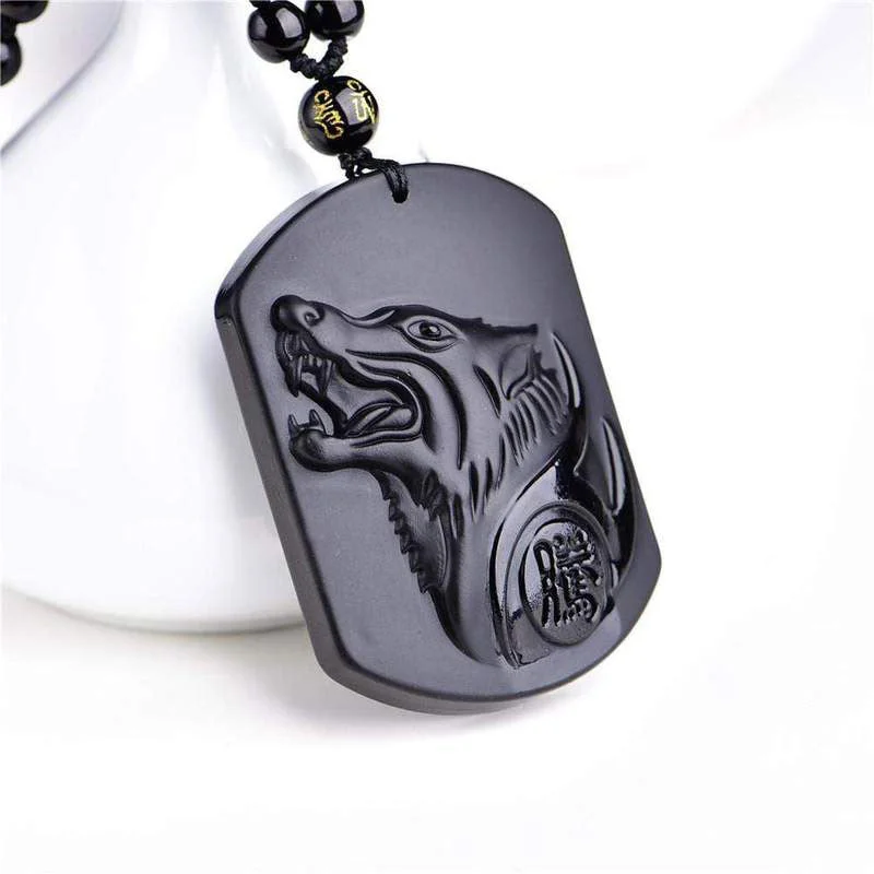 Black Obsidian Stone Wolf Purification Pendant Necklace
