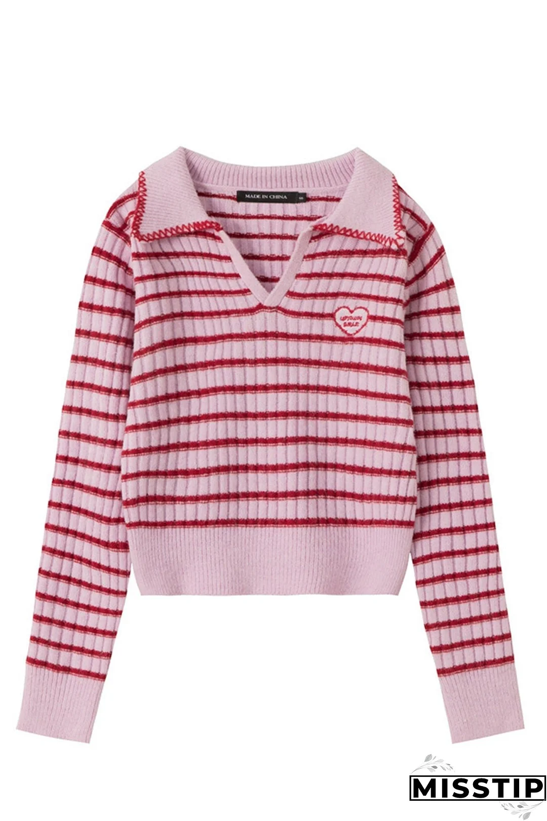 V Neck Lapel Strped Sweater
