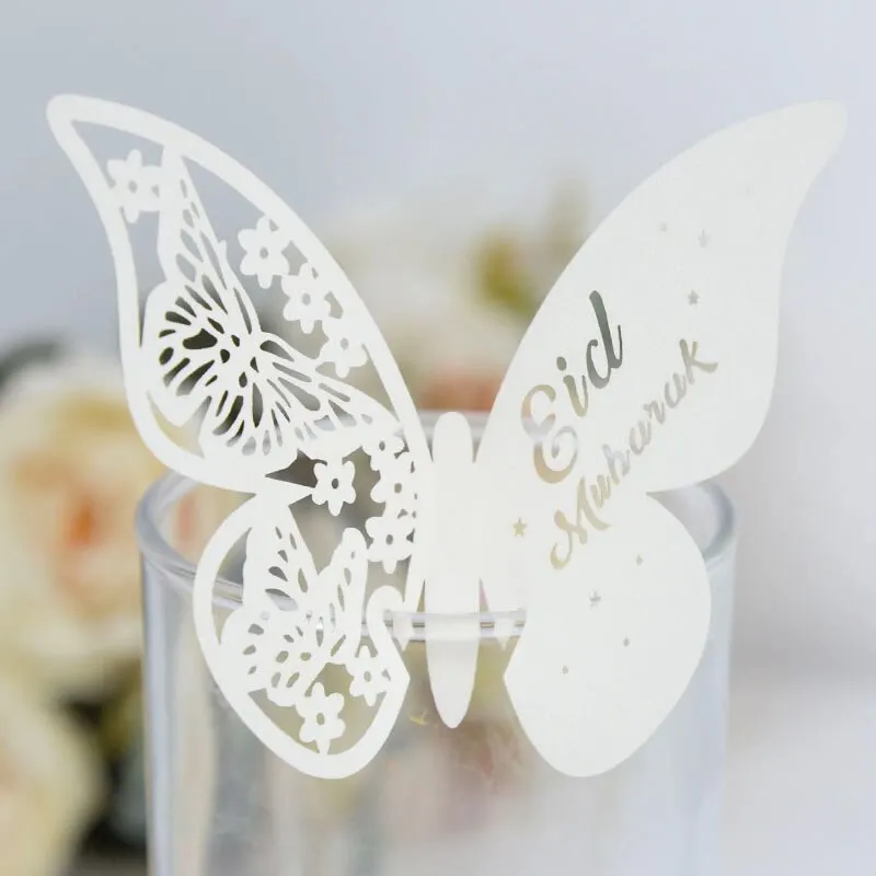 20pcs Eid Mubarak Hollow Butterfly Cup Cards Paper Name Place Seats Card Muslim Islamic Party Dessert Cake Decor Ramadan Kareem